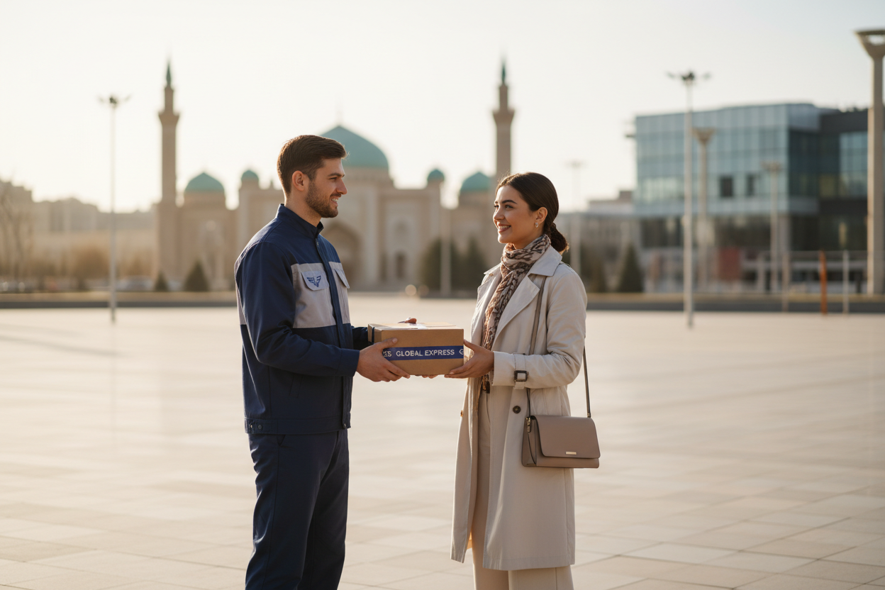 Ultra-realistic hero image for an e-commerce homepage.
A friendly courier in a modern uniform is delivering a parcel to a smiling young customer in modest, stylish clothes. They are standing outdoors in a clean, bright city environment. In the soft background, there are subtle silhouettes of Central Asian and Caucasian architecture (inspired by Samarkand and Baku skylines) to suggest Uzbekistan and Azerbaijan, but without any specific famous monument.
The mood is professional, trustworthy and warm. Colors: 